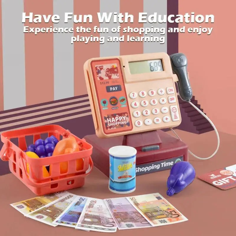 Toy cash register set with a basket, fruits, groceries, and money.