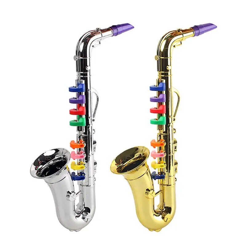 8-Tone Toy Saxophone in gold and silver colour options for kids musical play, party props, and gift giving.