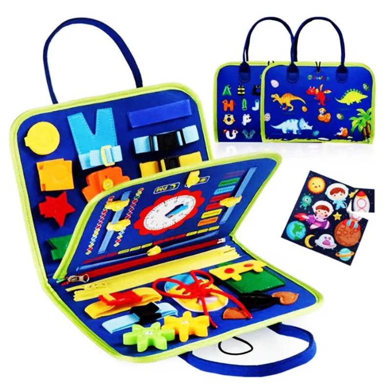 Educational toy set with colorful compartments and a carrying bag on a white background