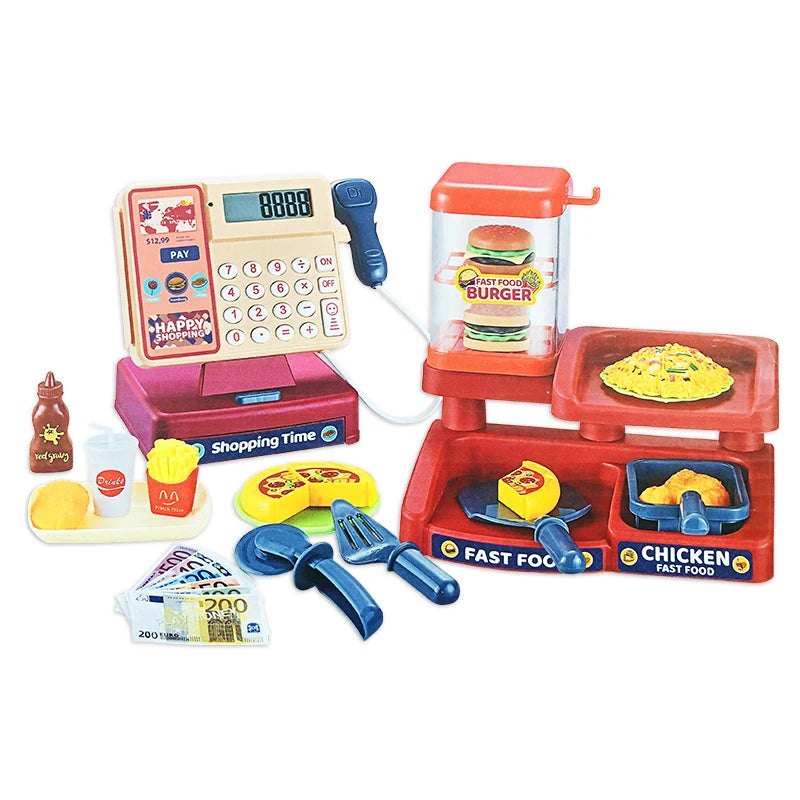 Toy fast food restaurant set with cash register, burger press, and various toy food items.