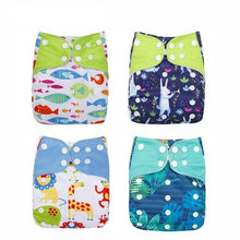 Four colorful baby diapers with animal and nature patterns 