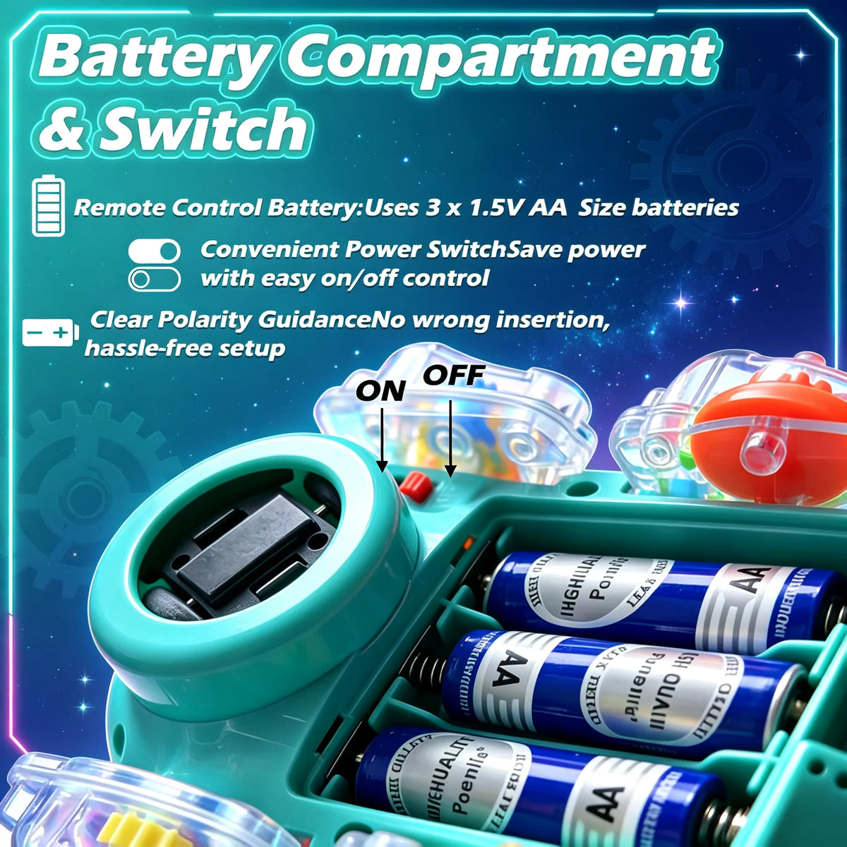 Open battery compartment of the dinosaur toy with three AA batteries and an on and off switch