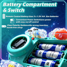 Open battery compartment of the dinosaur toy with three AA batteries and an on and off switch
