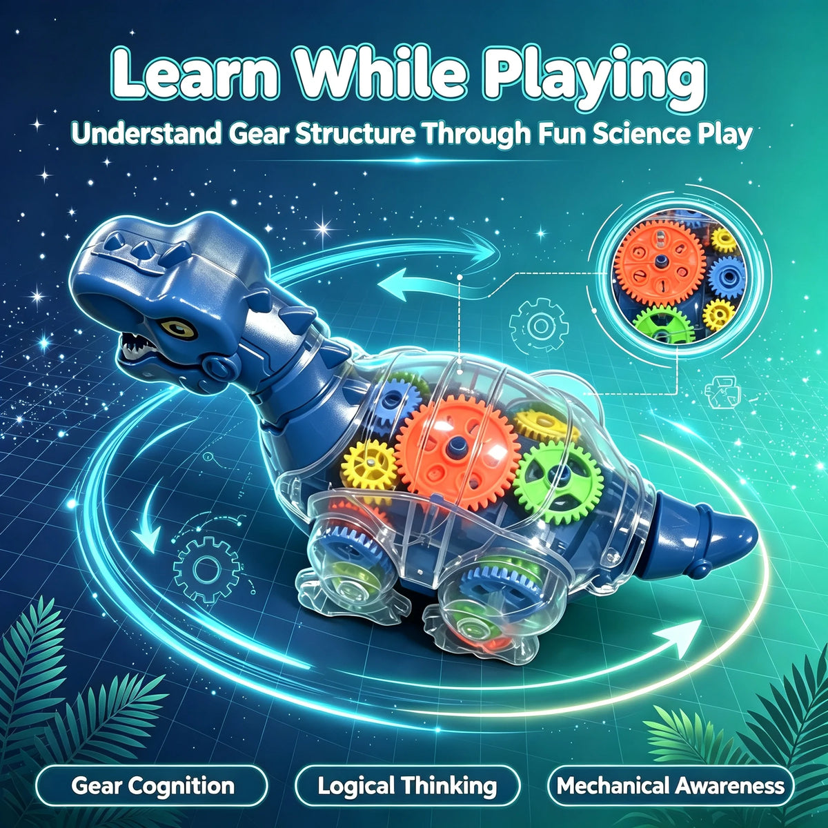 Blue transparent gear dinosaur with colorful interlocking gears visible inside its body