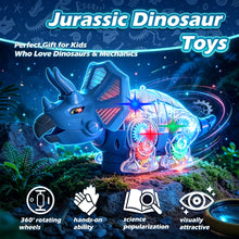 Blue triceratops toy with a transparent body, colorful lights and gears on a rocky scene