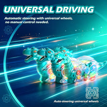 Green transparent gear dinosaur shown in three positions to suggest driving motion