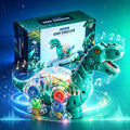 Green transparent gear dinosaur toy with glowing lights and music notes beside its product box