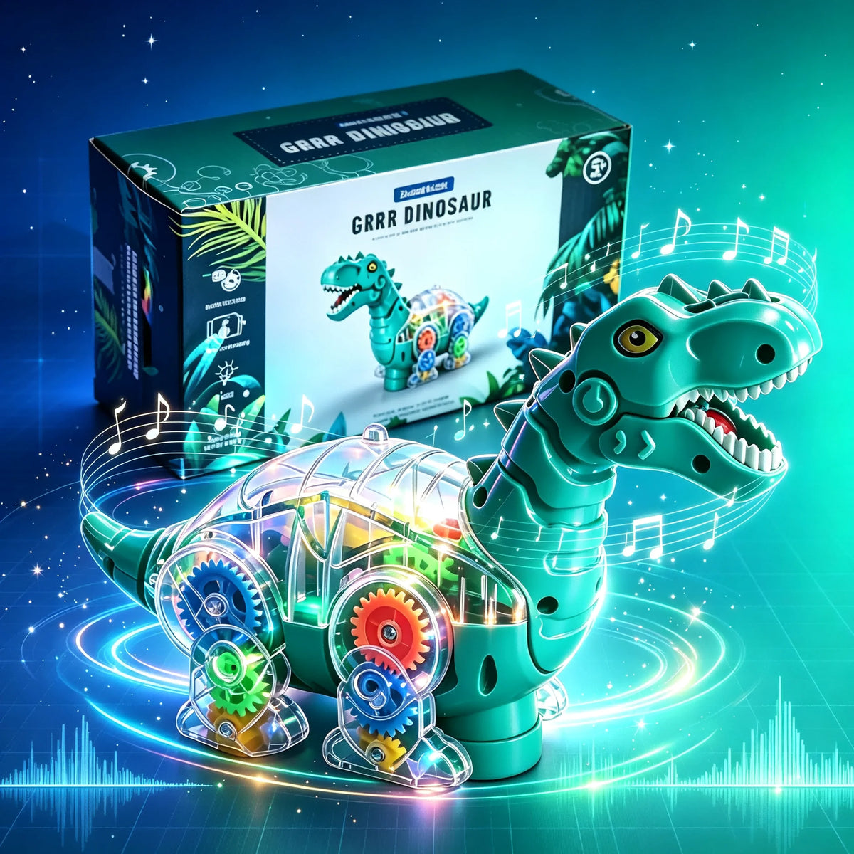 Green transparent gear dinosaur toy with glowing lights and music notes beside its product box