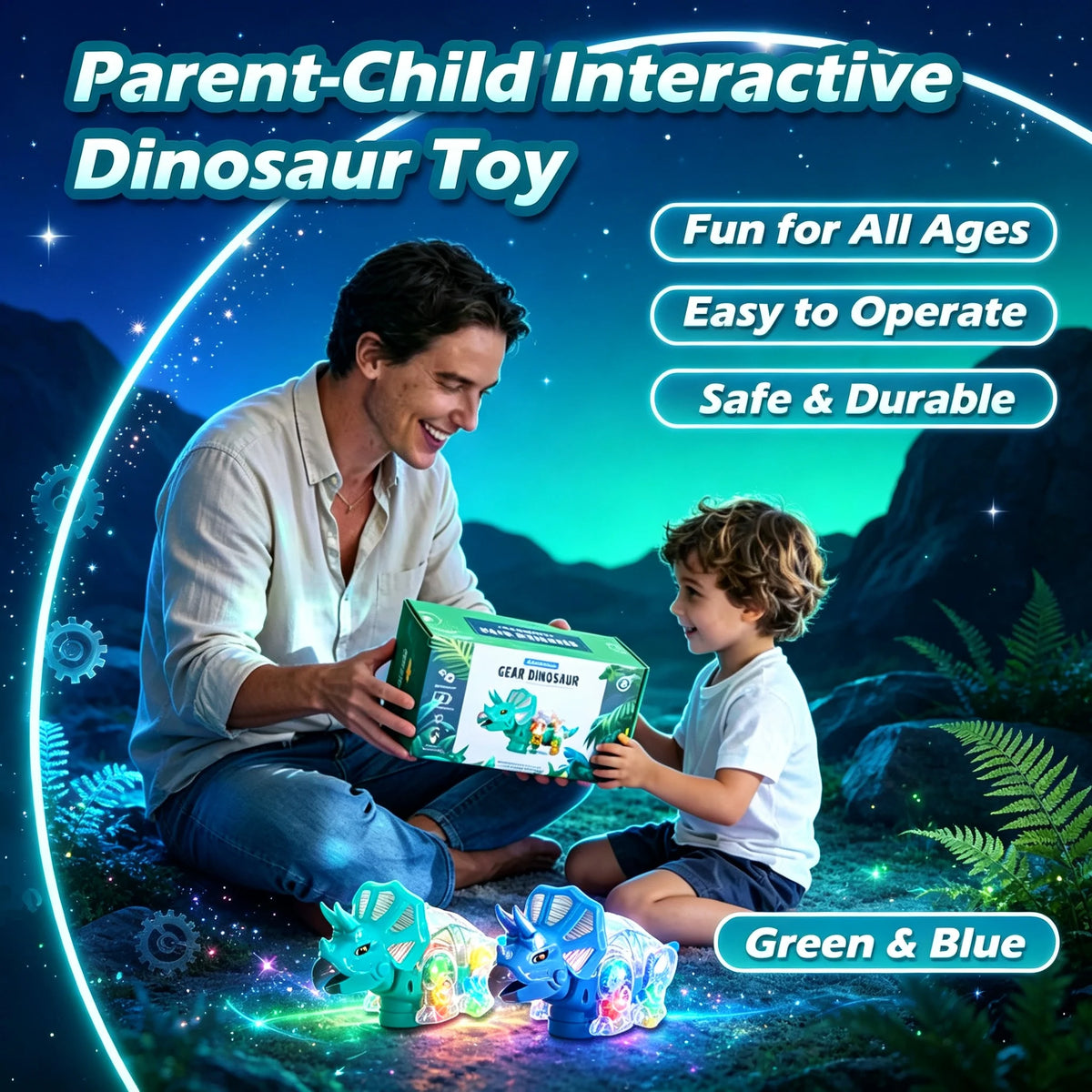 Smiling man and boy sitting on the ground with a dinosaur toy box and two gear dinosaurs