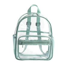 Green strap colour option of the transparent PVC backpack, a waterproof bag for school, work, and event entry.