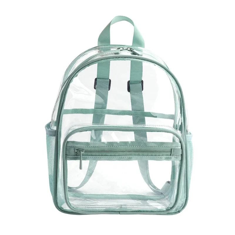 Green strap colour option of the transparent PVC backpack, a waterproof bag for school, work, and event entry.