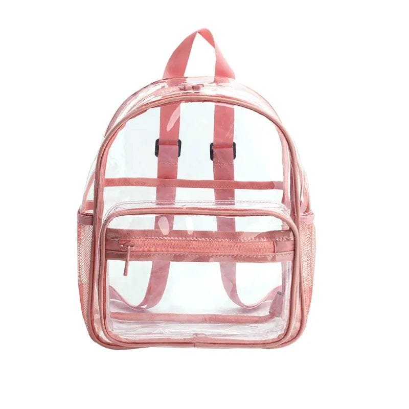 Pink strap detail on the transparent PVC backpack, padded for comfortable carrying at events and on campus.