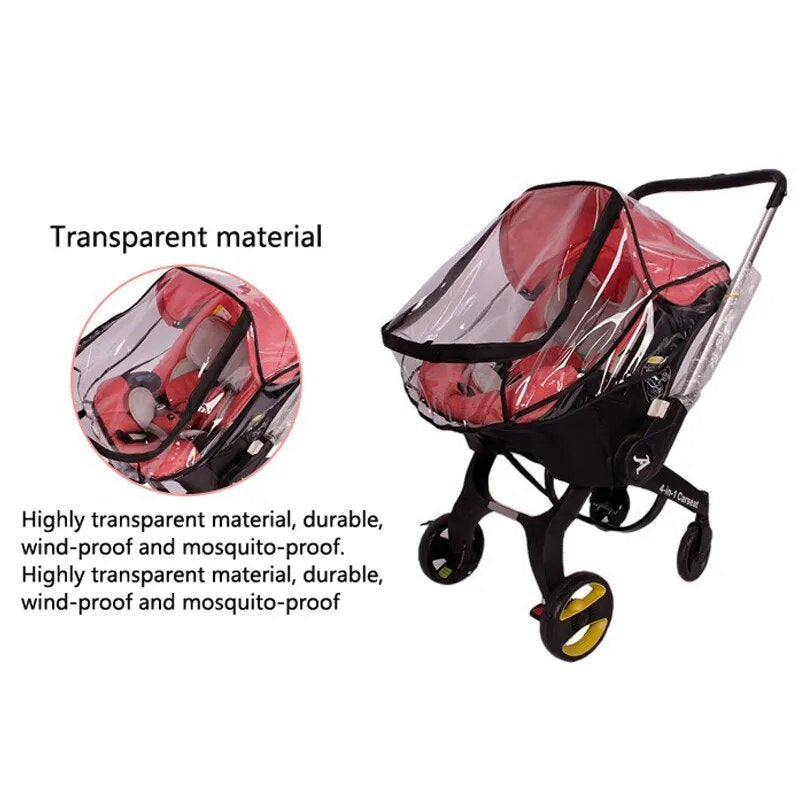 Transparent PVC stroller rain cover material close-up showing durable windproof construction.