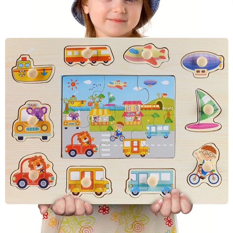 Child holding a Montessori wooden transportation puzzle for a kids learning activity with vehicle pieces.