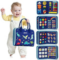 Travel Busy Board blue Montessori learning toy with activity cards for toddler quiet time and early skill building.