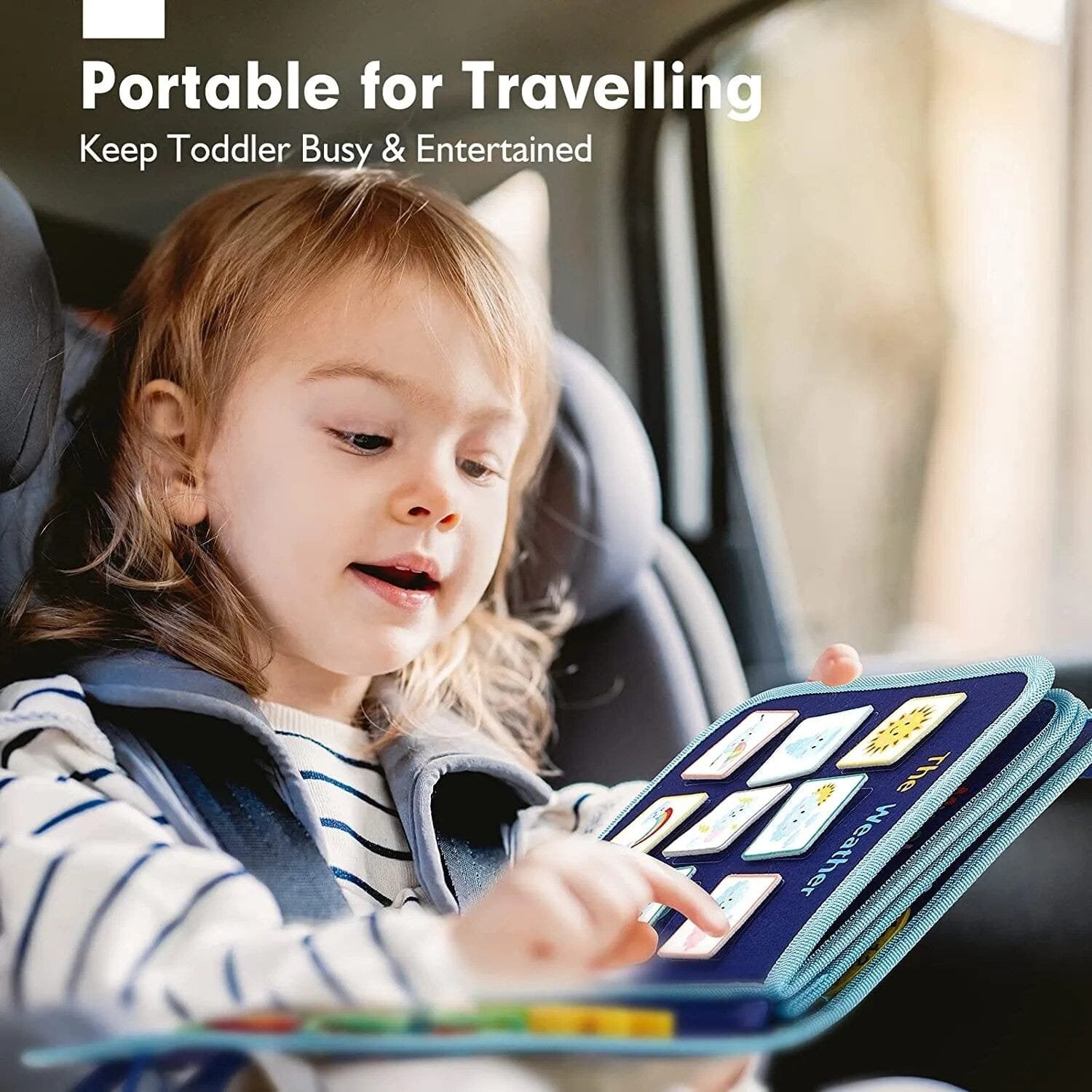 Travel Busy Board portable activity book used in a car seat to keep toddlers busy on journeys and long trips.