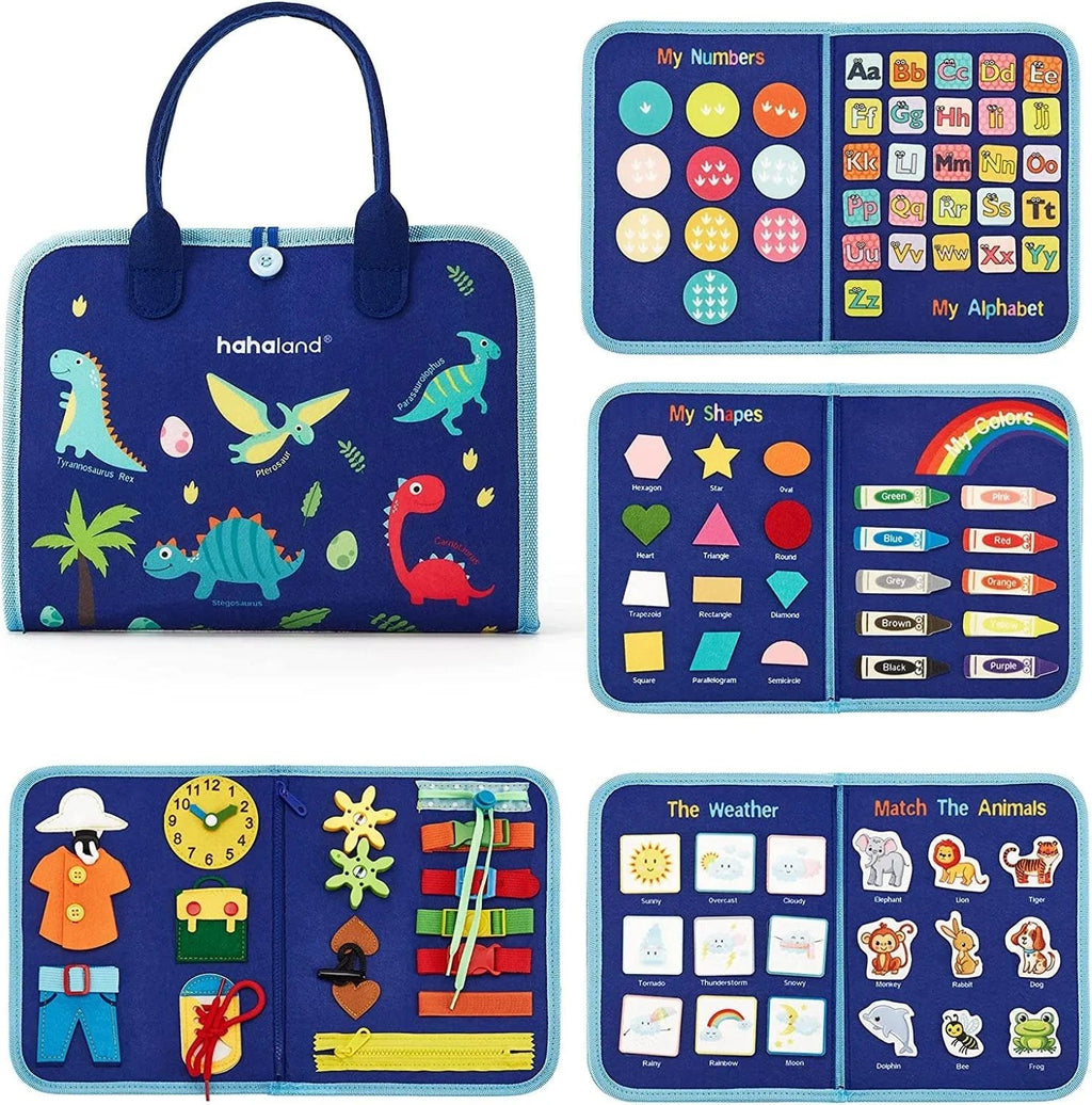 Travel Busy Board dinosaur felt activity book set for preschool learning, quiet play, and travel entertainment.