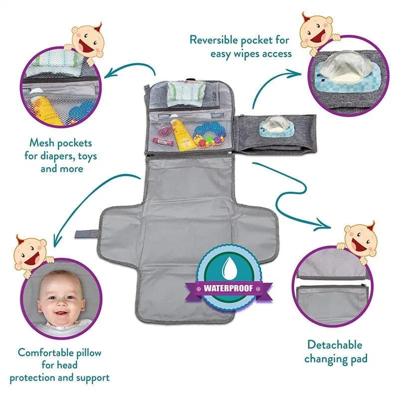 Feature overview of the travel diaper changing mat with wipes pocket for quick nappy changes on the move.