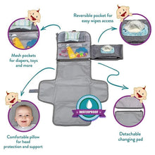 Feature overview of the travel diaper changing mat with wipes pocket for quick nappy changes on the move.