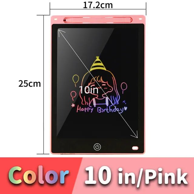 10-inch pink electronic writing pad with dimensions.