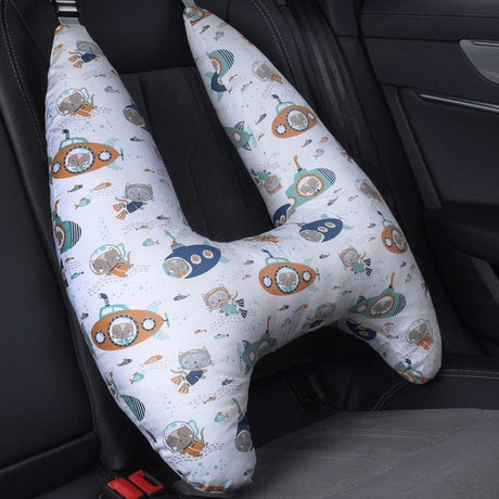 Car seat headrest cover with cartoon design on a car seat