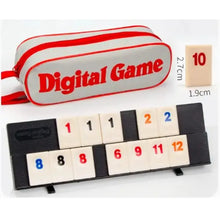 Canvas bag with the words Digital Game above a rummy rack and a 10 tile with size markings