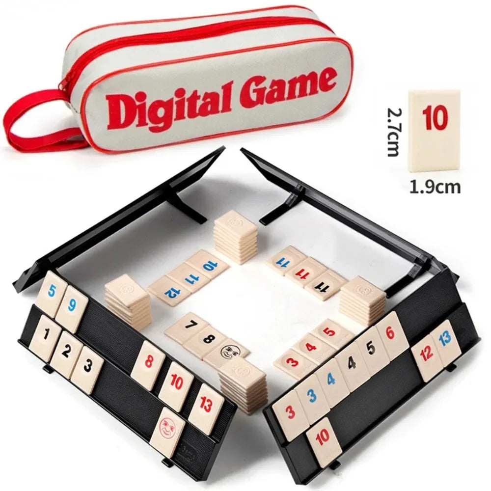 Four rummy racks around a pile of tiles with the open canvas bag and a 10 tile