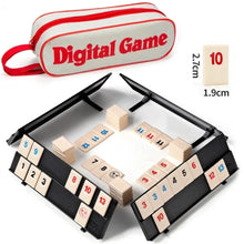 Four rummy racks around a pile of tiles with the open canvas bag and a 10 tile