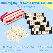 Travel rummy game with canvas bag, four racks and loose tiles beside a list of 104 number tiles and 2 jokers
