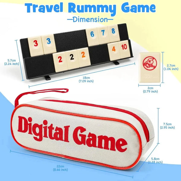 Travel rummy game rack, joker tile and canvas bag with measurements