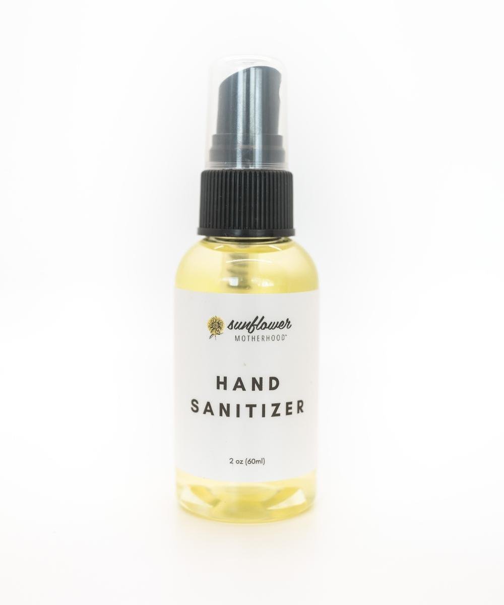 Hand sanitizer bottle with a white label