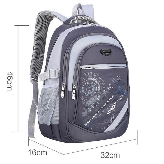 Gray backpack with brand logo and measurements.