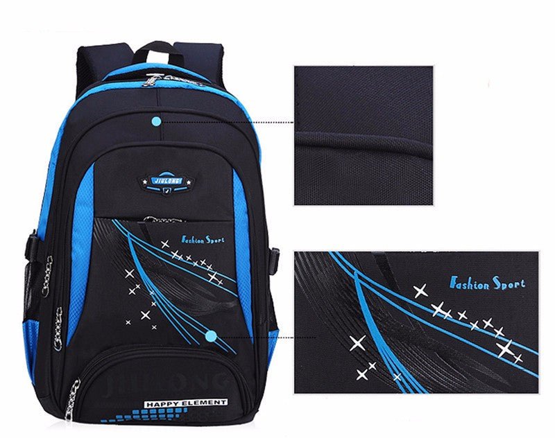 Black and blue backpack with detailed design