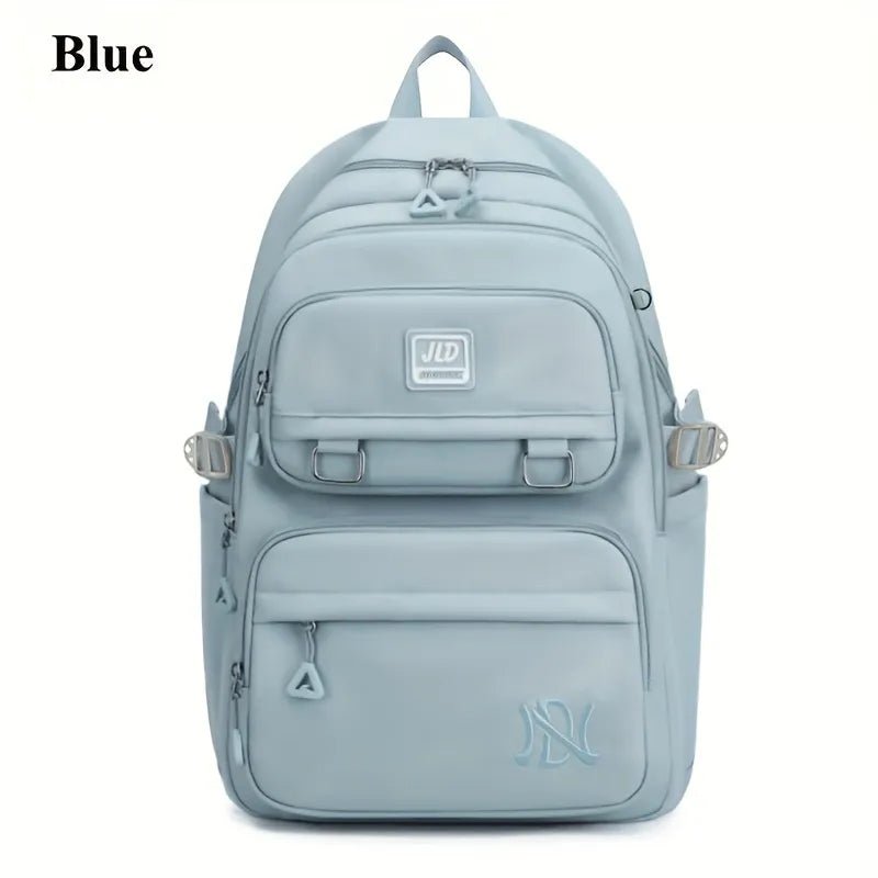Blue backpack with visible brand logos.
