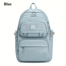 Blue backpack with visible brand logos. (option 2)