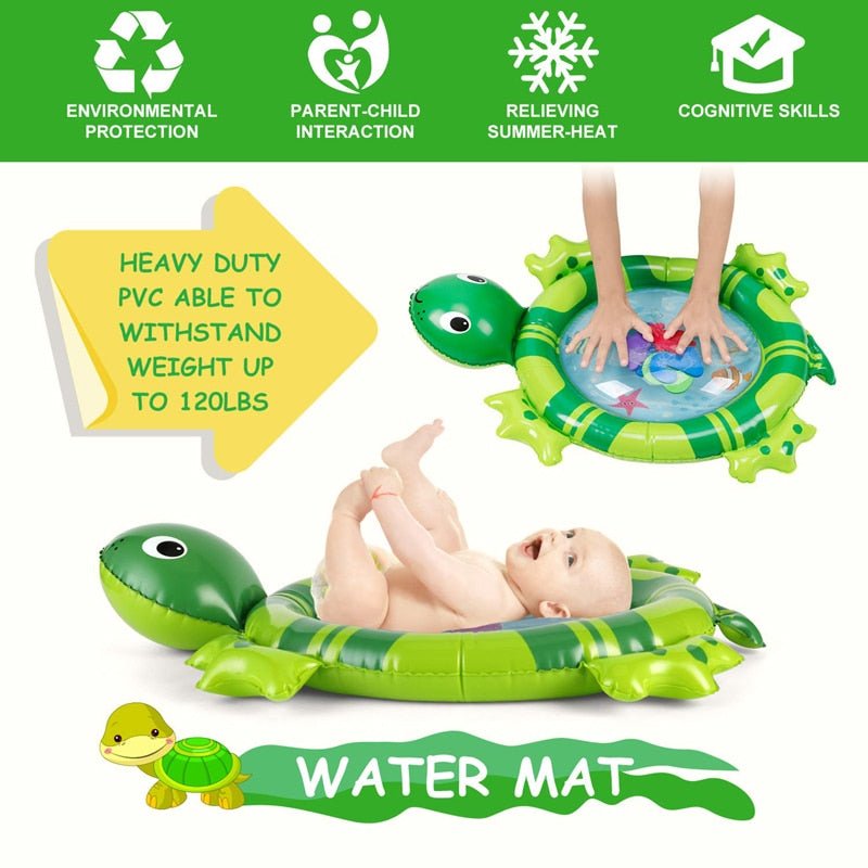 Tortoise-shaped inflatable water mat with baby playing on it, featuring icons and text about its benefits.