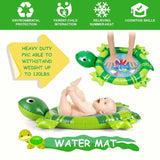 Tortoise-shaped inflatable water mat with baby playing on it, featuring icons and text about its benefits.