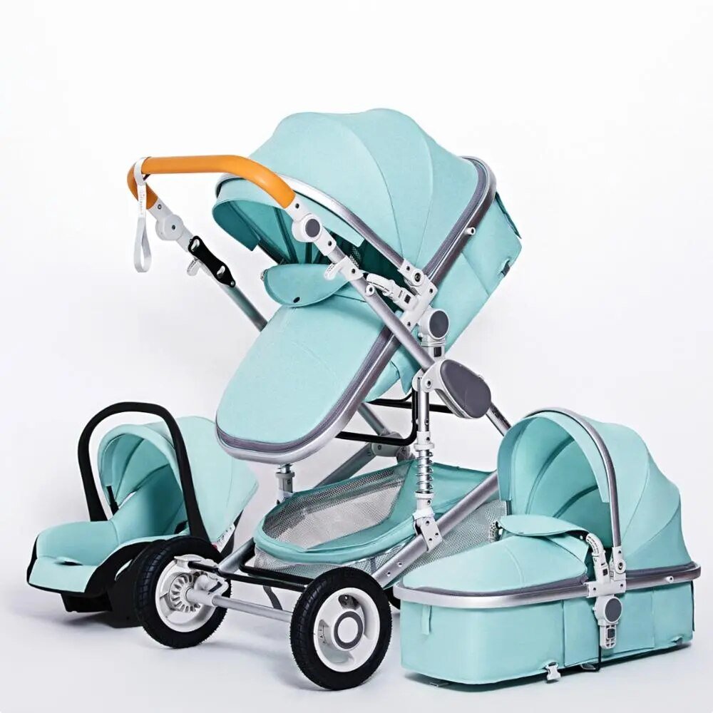 Turquoise 3-in-1 baby stroller set shown in foldable travel mode for outings.