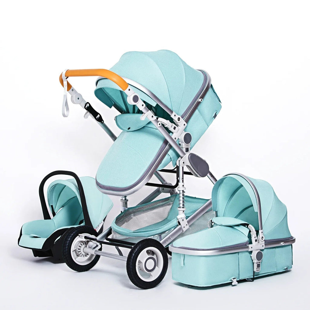 Turquoise 3-in-1 baby stroller with canopy and bassinet mode for newborn travel.
