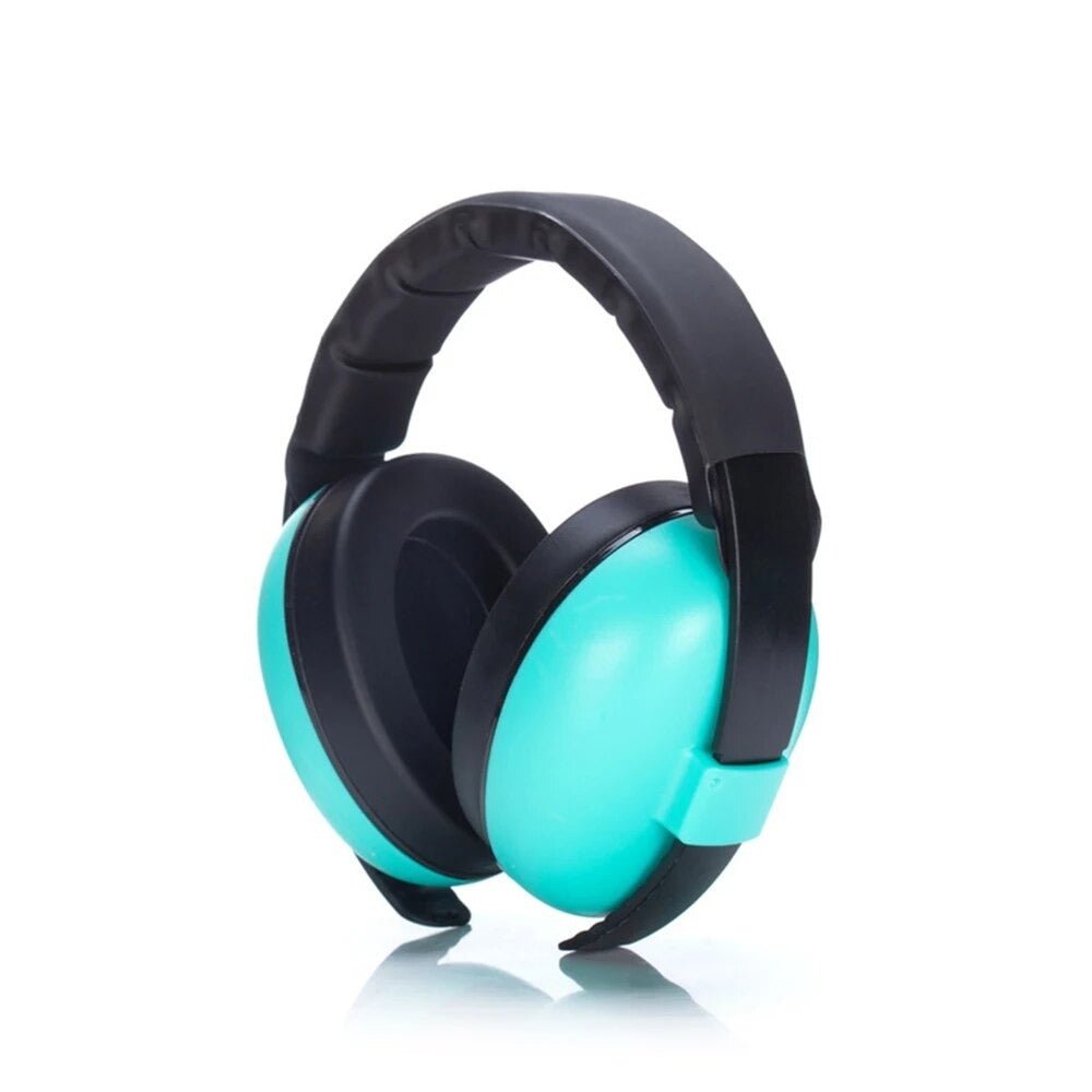 Turquoise and black infant noise-canceling earmuffs for peaceful sleep.