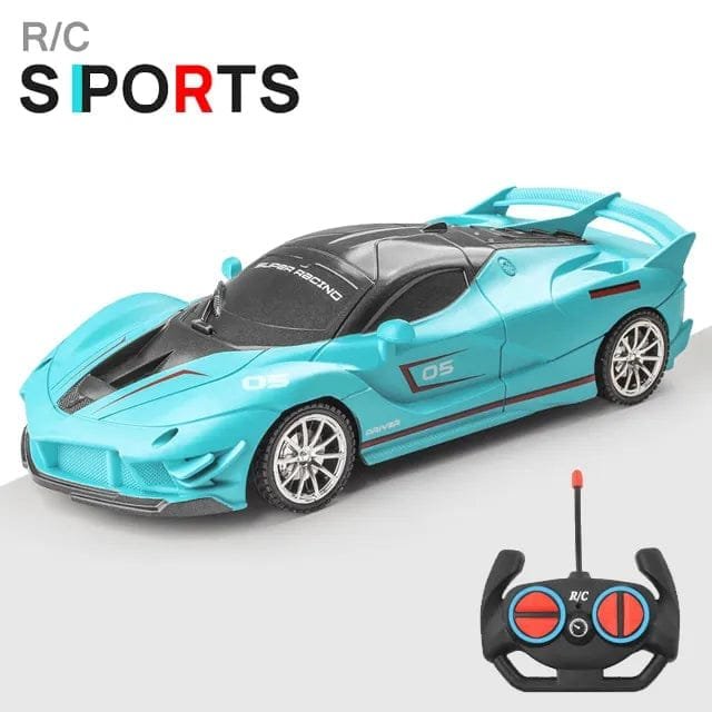 Turquoise LED RC drift sports car with remote for fast racing and colourful scale model play.