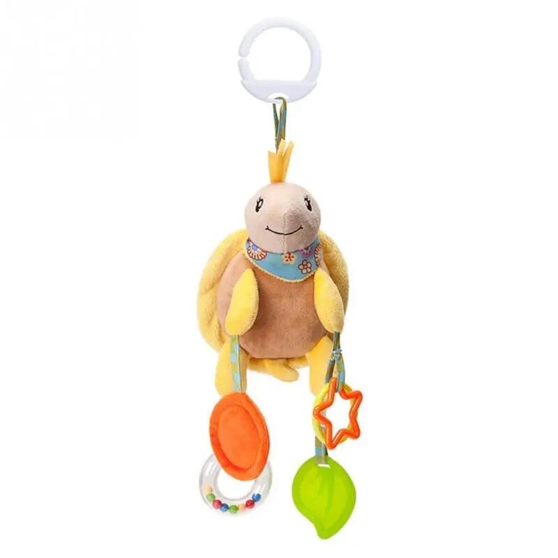 Soft Animal Handbell Rattle in turtle design with rings and beads for baby sensory exploration and teething.