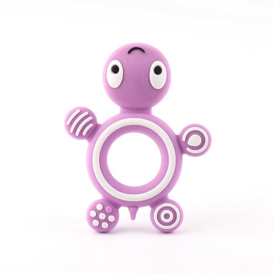Turtle Silicone Teether in purple and white two-tone design for baby-safe teething comfort.