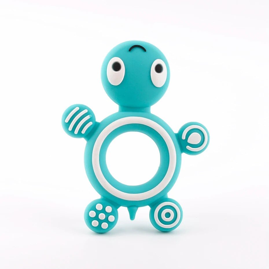 Turtle Silicone Teether in turquoise and white two-tone design for baby-safe gum relief.