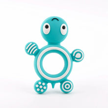 Turtle Silicone Teether in turquoise and white two-tone design for baby-safe gum relief.