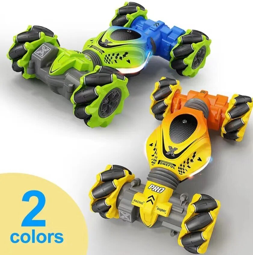 Hand gesture remote drift RC car twist-climb edition shown alongside two toy robot accessories.