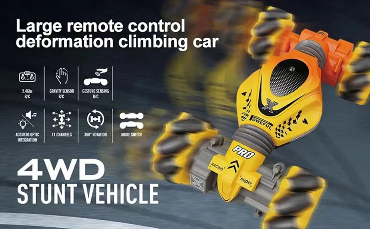 Gesture-sensing drift RC car in twist, spin, and climb mode shown as a large deformation climbing toy.