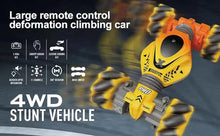 Gesture-sensing drift RC car in twist, spin, and climb mode shown as a large deformation climbing toy.