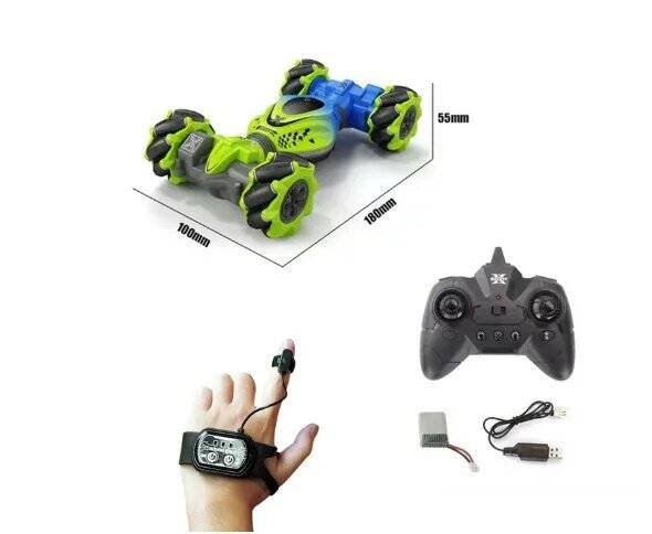Remote gesture drift RC car for twist, spin, and climb play, packaged with charging cable.