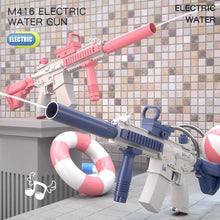 Two M416 electric water guns beside a pool float for group water battles and summer party fun.